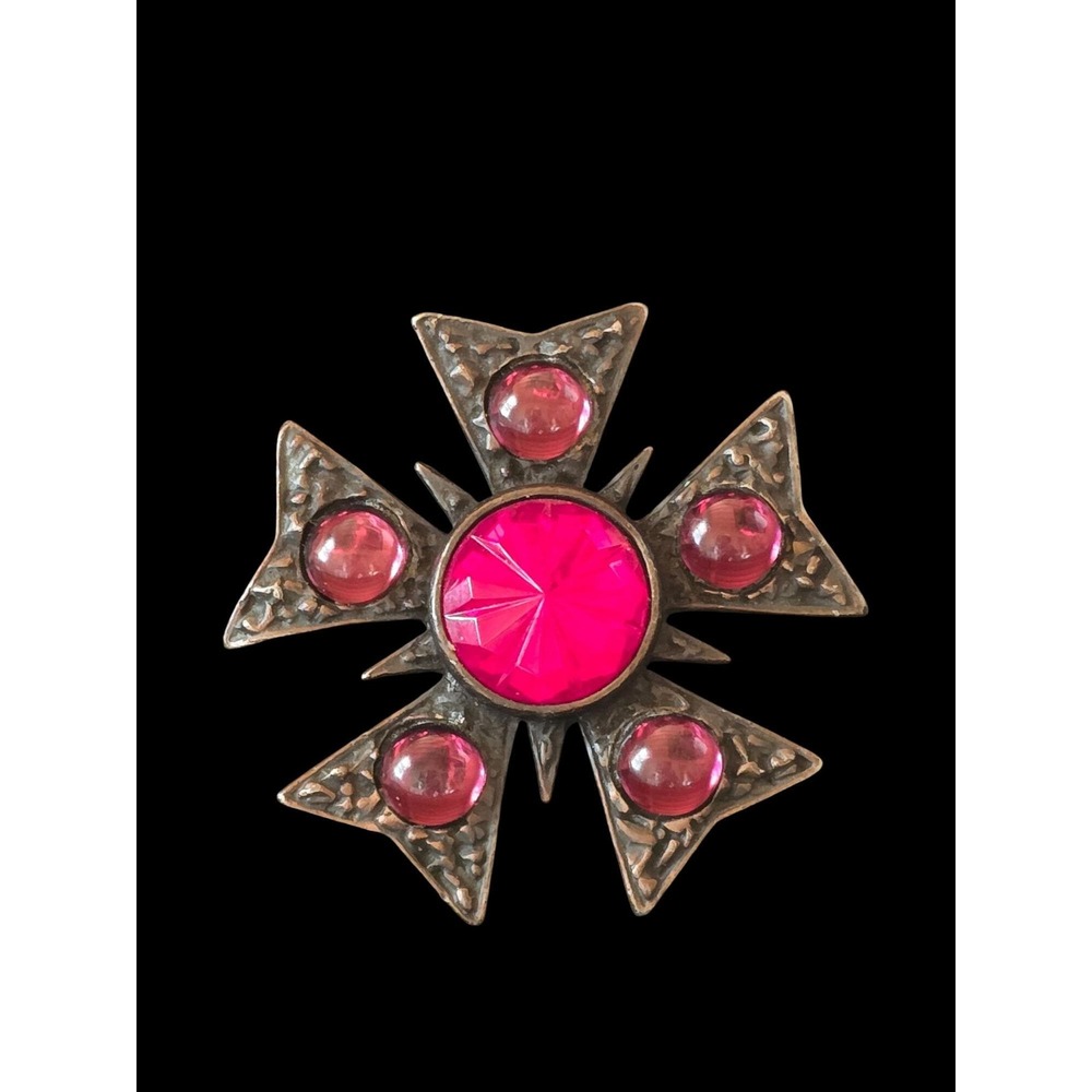 Maltese Cross Red Rivoli Glass Crystal Antiqued Brass Brooch Vintage Pin